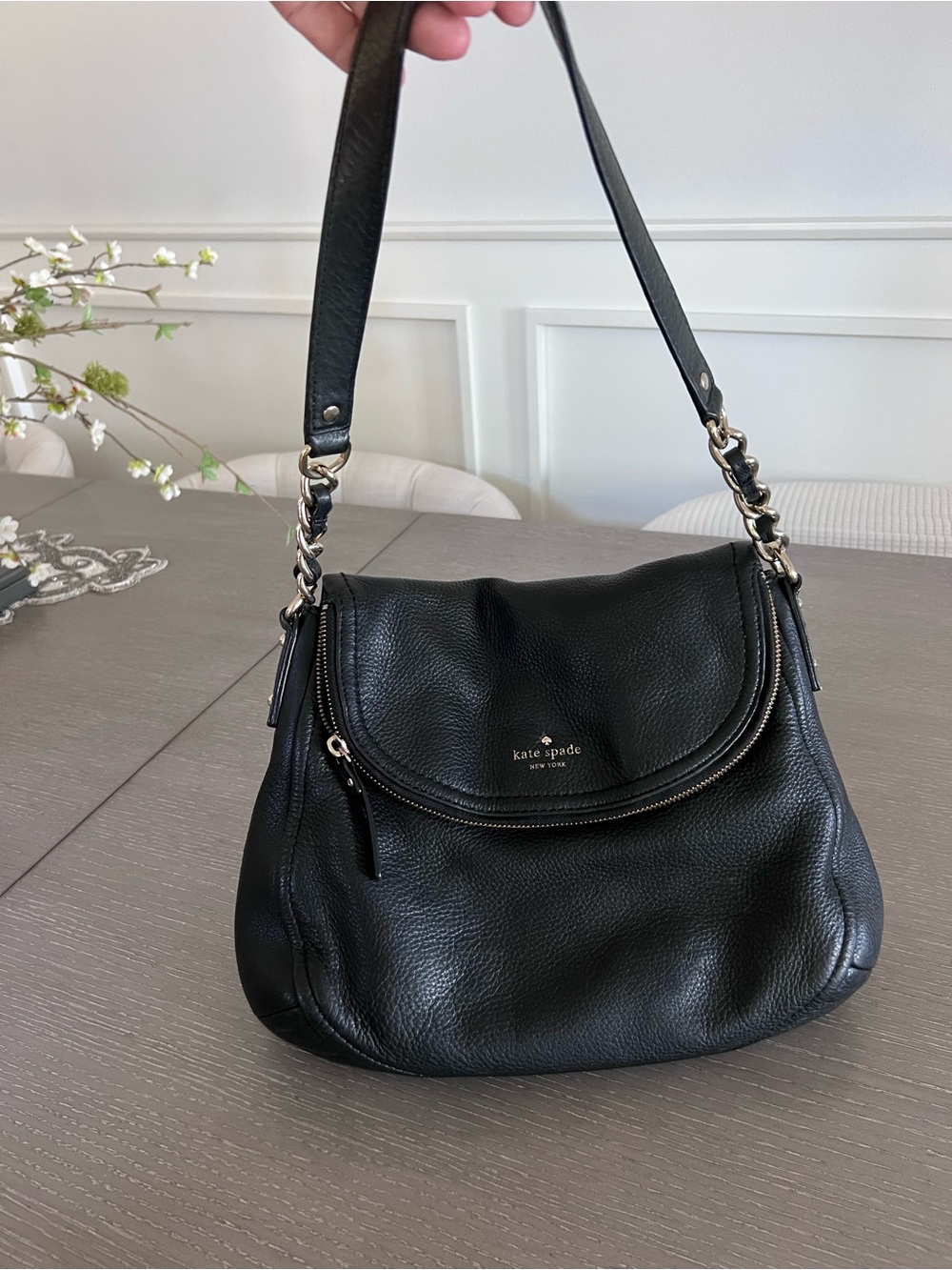 kate spade Black Pebbled Leather Shoulder Bag with Chain-Link Accent